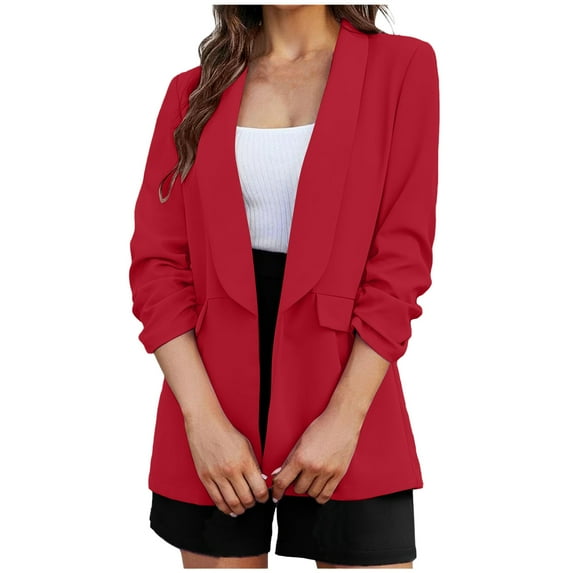 Jacenvly Suit Coat for Women Turndown Collar Long Sleeve Short Blazers for Women Pocket Solid Business Attire Coat Soft Skin-Friendly Fashion Dignified Slimming Blouse