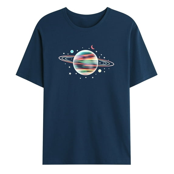 Jacenvly Summer Basic Athletics Shirts for Men Male Casual Fashion Round Neck Pullover Space Planet Print T-Shirt Short Sleeve Tops