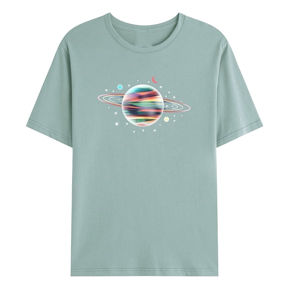 Jacenvly Summer Basic Athletics Shirts for Men Male Casual Fashion Round Neck Pullover Space Planet Print T-Shirt Short Sleeve Tops