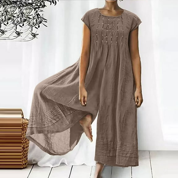 Jacenvly Summer 2024 New Women Casual Solid Cotton Linen Romper Long Playsuit Zipper Short Sleeve Jumpsuit Round Neck Fast Drying Two Piece Outfits Women Plus Size Brown