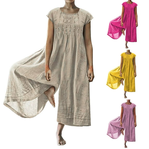 Jacenvly Summer 2024 New Women Casual Solid Cotton Linen Romper Long Playsuit Zipper Short Sleeve Jumpsuit Round Neck Skin-Friendly Two Piece Outfits Women Plus Size Beige