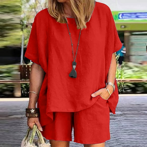 Jacenvly Summer New 2024 New Women Casual Summer Round Neck Half Sleeve Tops and Shorts Two Set Suit Solid Comfortable Two Piece Outfits Women Plus Size Red