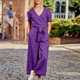 thumbnail image 1 of Jacenvly Summer New 2024 New Women's Solid Pocket Romper Short Sleeve V-Neck Belt Loose Overalls Cotton and Linen Jumpsuit Breathable Two Piece Outfits Women Plus Size Purple, 1 of 7