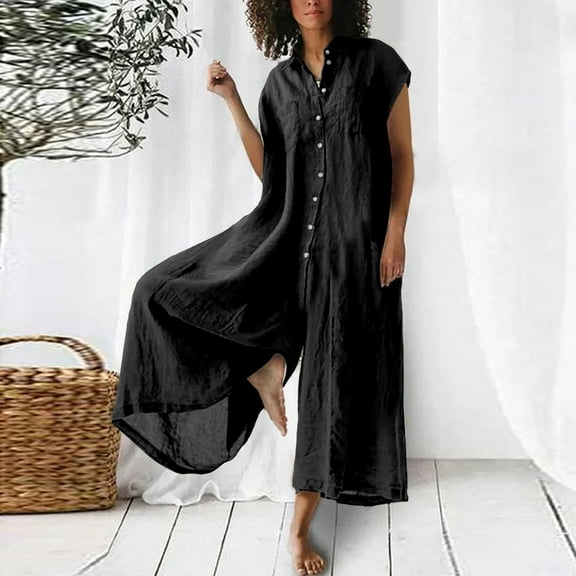 Jacenvly Summer Trendy Women's Solid Color Casual Short Sleeved Medium Length Cotton Linen Shirt Jumpsuit Lapels Skin-Friendly Two Piece Outfits Women Plus Size Black