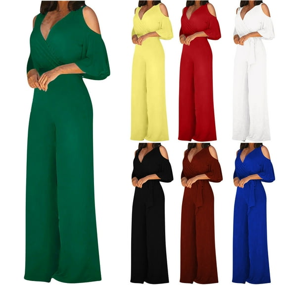 Jacenvly Summer Trendy Womens Fashion Wide Leg Pants Solid 3/4 Sleeve V-Neck Tops Jumpsuits Breathable Two Piece Outfits Women Plus Size Yellow