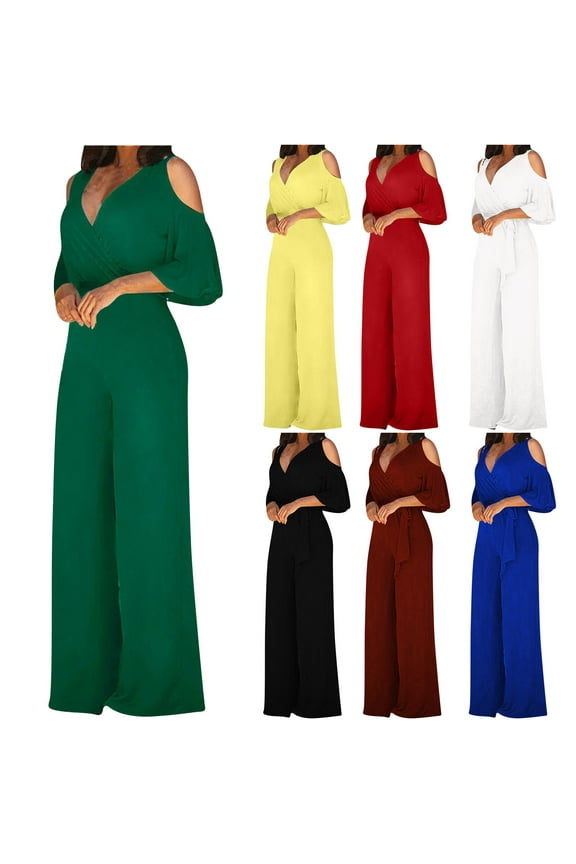 Summer Trendy Womens Fashion Wide Leg Pants Solid 3/4 Sleeve V-Neck Tops Jumpsuits Breathable Two Piece Outfits Women Plus Size Yellow