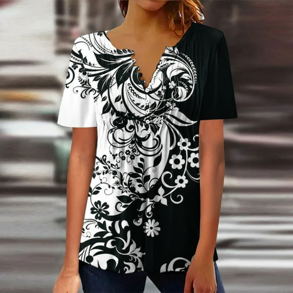 Jacenvly Summer and Fall Tops for Women Crew Neck T Shirt Comfortable Misses Elegant Casual Print Crewneck Loose Short Sleeve T-Shirt Top Blouse Pullover