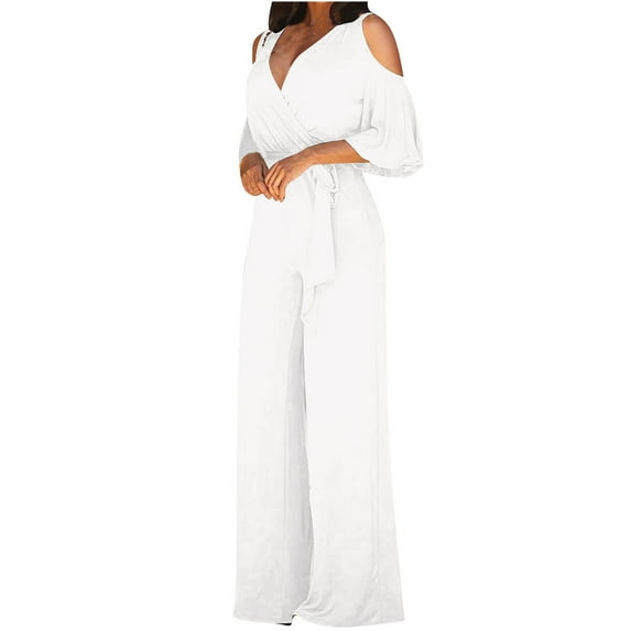 Jacenvly Summer Savings Casual Womens Fashion Wide Leg Pants Solid 3/4 Sleeve V-Neck Tops Jumpsuits Comfortable Plus Size Womens Clothes White