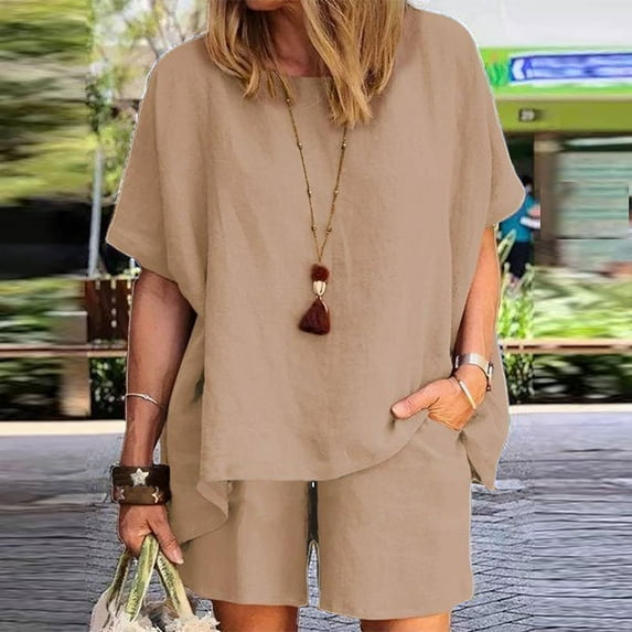 Jacenvly Summer Savings New Loose Women Casual Summer Round Neck Half Sleeve Tops and Shorts Two Set Suit Solid Breathable Plus Size Womens Clothes Coffee