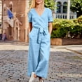 thumbnail image 1 of Jacenvly Summer Savings Clearance Loose Women's Solid Pocket Romper Short Sleeve V-Neck Belt Overalls Cotton and Linen Jumpsuit Breathable Plus Size Womens Clothes Light Blue, 1 of 7
