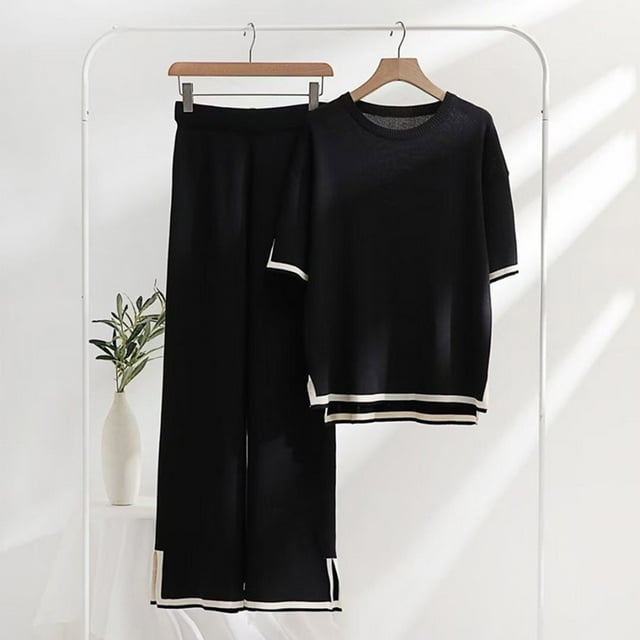 Jacenvly Summer Savings Loose Women Summer Pants Printing Half Sleeved Shirt Casual Two Piece Suit Plain Round Neck Comfortable Plus Size Womens Clothes Black