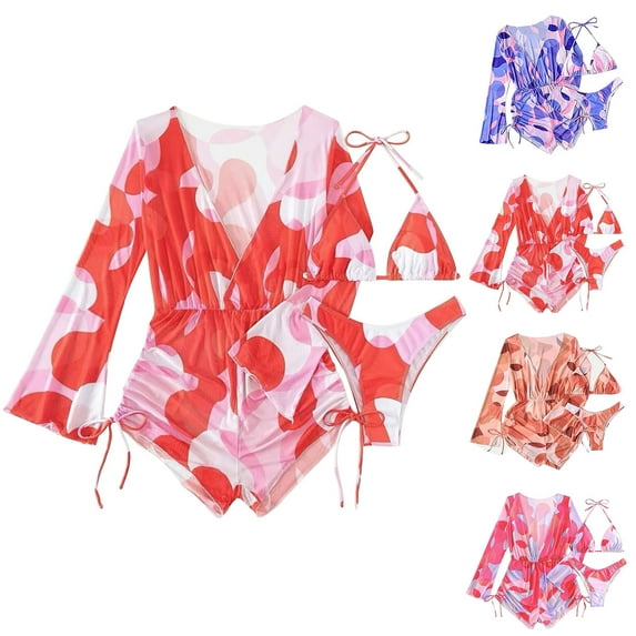 Jacenvly Summer Swimsuit Women Cover up 3 Piece Trendy Long Sleeve Color Block with Cover up Surfing Swimwear Satiny Women'S 3 Piece Print Drawstring Side Bikini Set with Cover up Purple