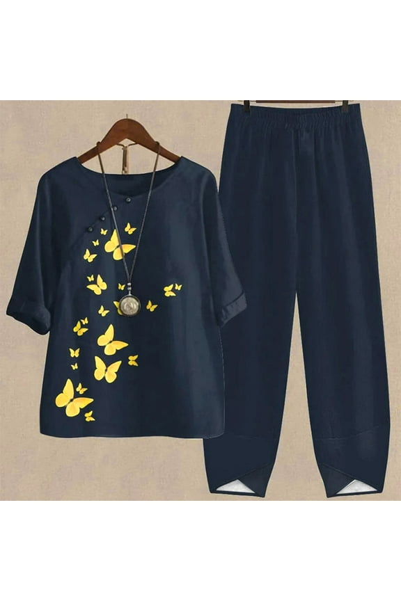 Summer Trendy Women's Summer Printed Half Sleeve Round Neck Cropped Top + Casual Pants Suit Set Two Piece Lounge Set Floral Comfortable Two Piece Outfits Women Plus Size Navy