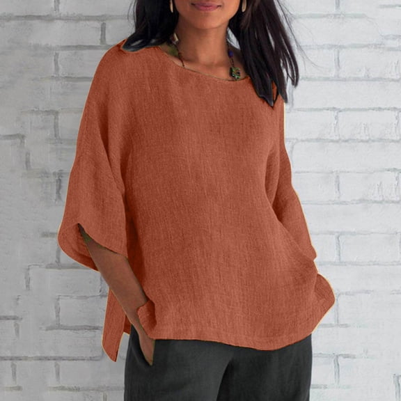 Jacenvly Summer and Fall Tops for Women Crew Neck T Shirt Comfortable Ladies Stylish Cropped Sleeves Crewneck Cotton Line Loose Shirt Blouse