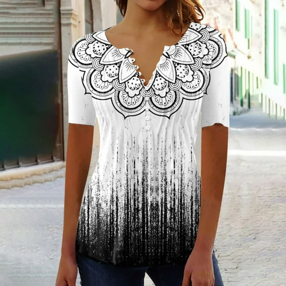 Jacenvly Summer and Fall Tops for Women Crew Neck T Shirt Comfortable Misses Stylish Casual Printing Short Sleeve Loose Tee Peplum Tops Tunic Blouse