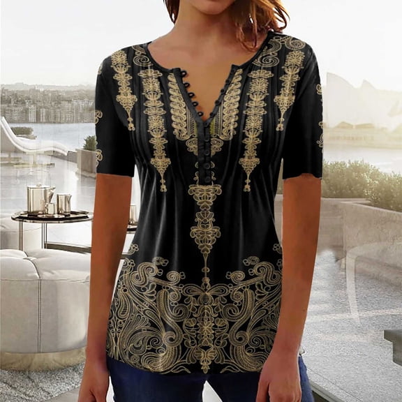 Jacenvly 2024 new plus size womens clothes Leisure Women Casual Printing Short Sleeve Loose Tee Tops Tunic Blouse Floral Ruffle Trim Flouncev neck t shirts t-shirts womens summer Coffee