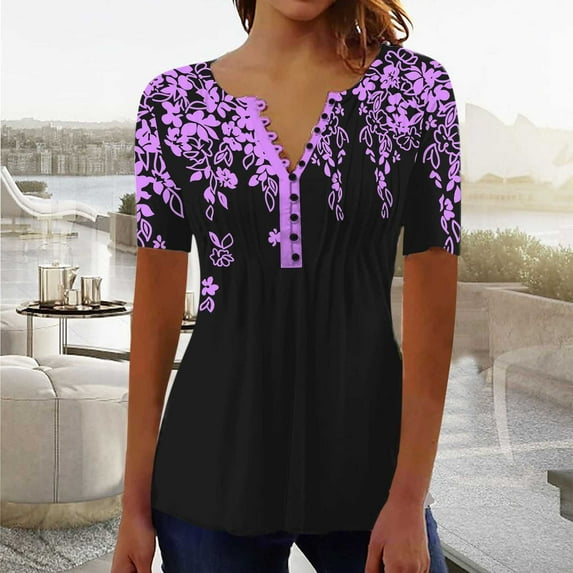 Jacenvly Summer and Fall Tops for Women Crew Neck T Shirt Comfortable Misses Stylish Casual Printing Short Sleeve Loose Tee Peplum Tops Tunic Blouse