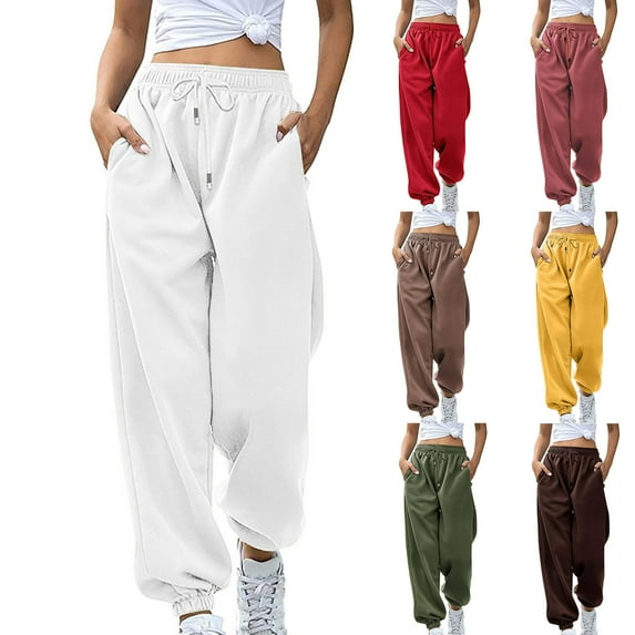 Jacenvly Sweatpants Women Bundle Foot Long Elastic Waisted Drawstring Pocket Plain Trousers for Women Fashion Casual Solid Elastic Waist Trousers Straight Pants