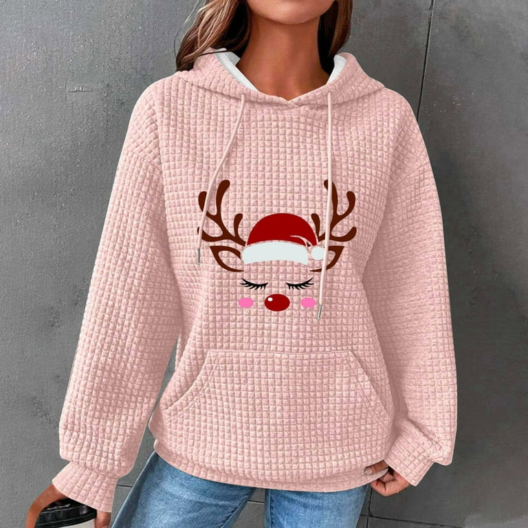 Jacenvly Sweatshirt for Womens Fall Clearance Long Sleeve Christmas Hat  Print Womens Tops Trendy Cute Casual Pocket Drawstring Hooded Sweaters  Light Soft Comfortable and Warm 