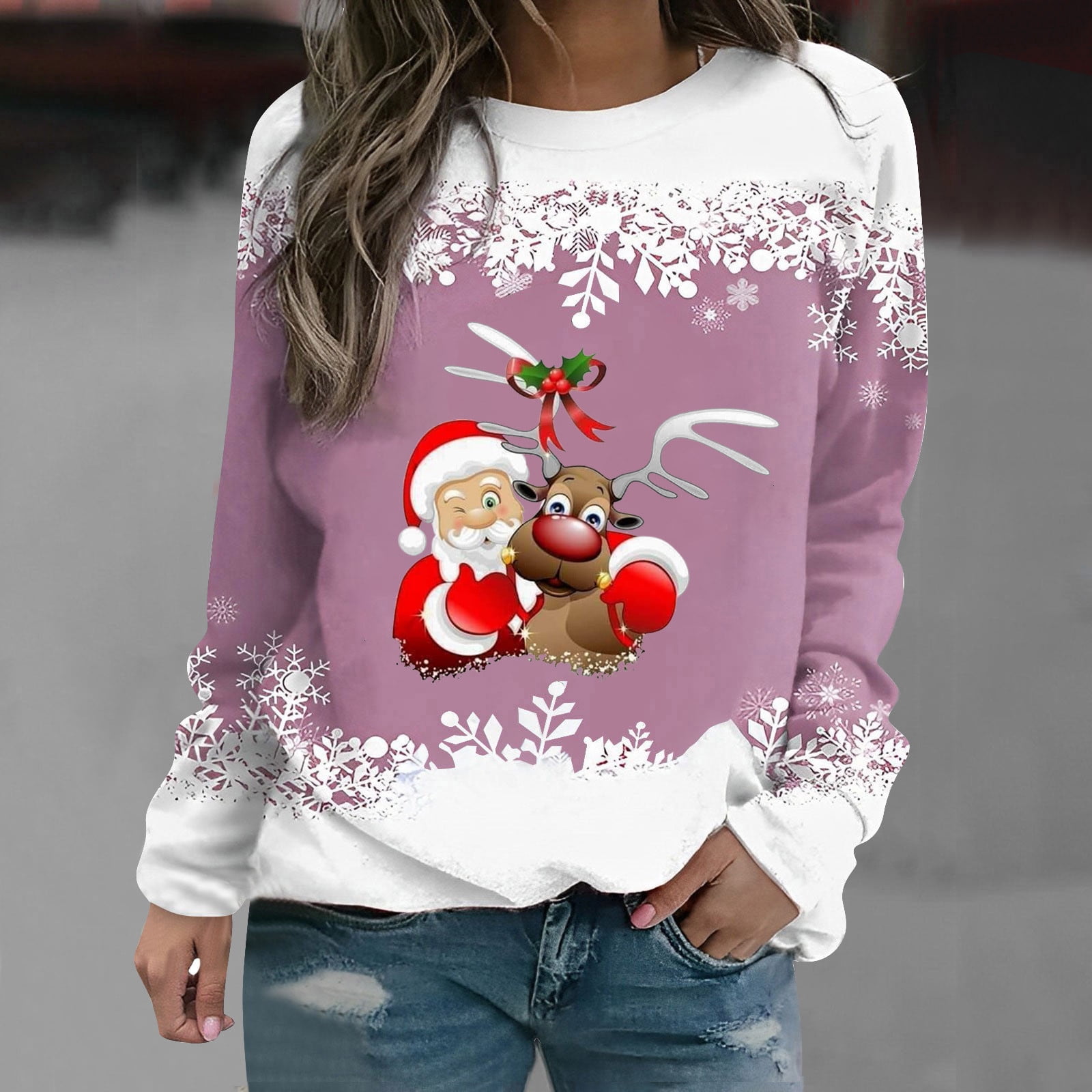 Jacenvly Sweatshirt for Womens Fall Clearance Long Sleeve Christmas Santa  Claus Print Womens Tops Trendy Cute Casual Round Neck Sweaters Light Soft  Comfortable and Warm 