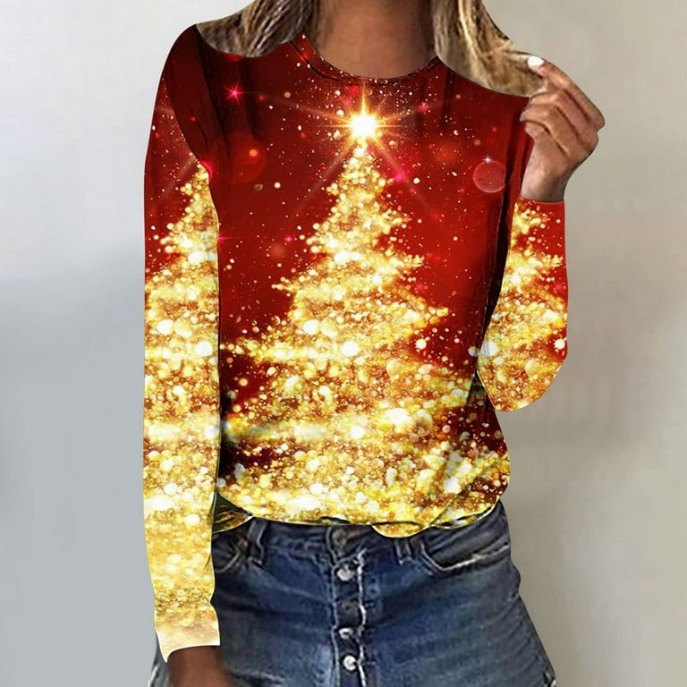 Jacenvly Sweatshirt for Womens Fall Clearance Long Sleeve Christmas Tree  Print Womens Tops Trendy Fashionable Casual Round Neck Sweaters Light Soft  Comfortable and Warm 