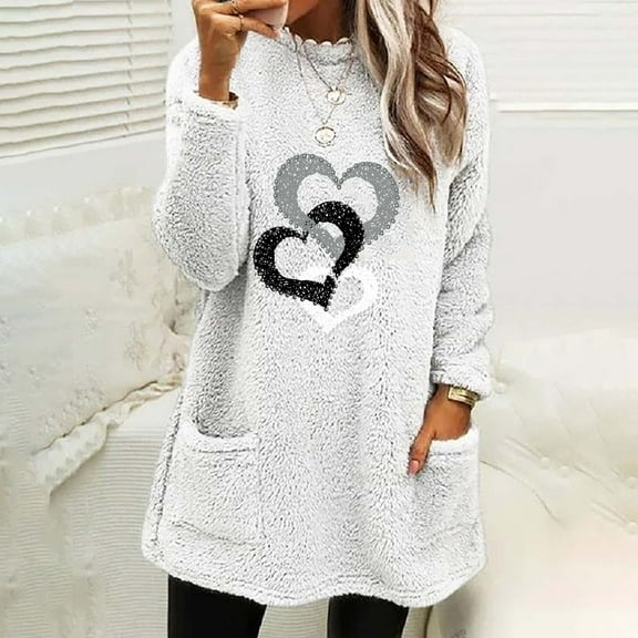 Jacenvly Sweatshirts For Women Long Sleeve Heart-Shaped Print Womens Sweatshirts Crewneck Pocket Casual Fashion Warmth Comfort Fall Tops For Women