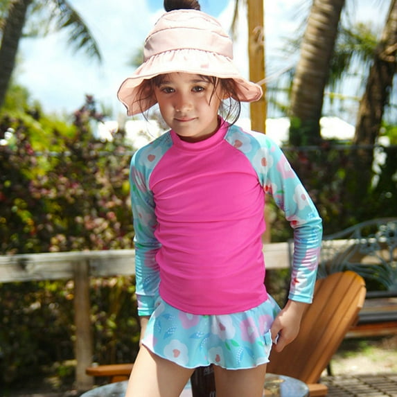 Jacenvly Swimming Skirts for Girls Soft Satiny Toddler Baby Girls Split Swimsuit Flowers Print Long Sleeves Shorts Sun Protection Kids Swimsuit Suit 4-5 Years Pink