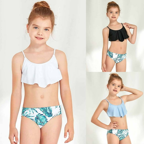 Jacenvly Swimwear for Girl Soft Satiny Baby Girls Swimwear Children's Swimsuit Scollop Sleeveless Split Swimsuit Bikini Bathing Suit Swimming Set 11-12 Years Black