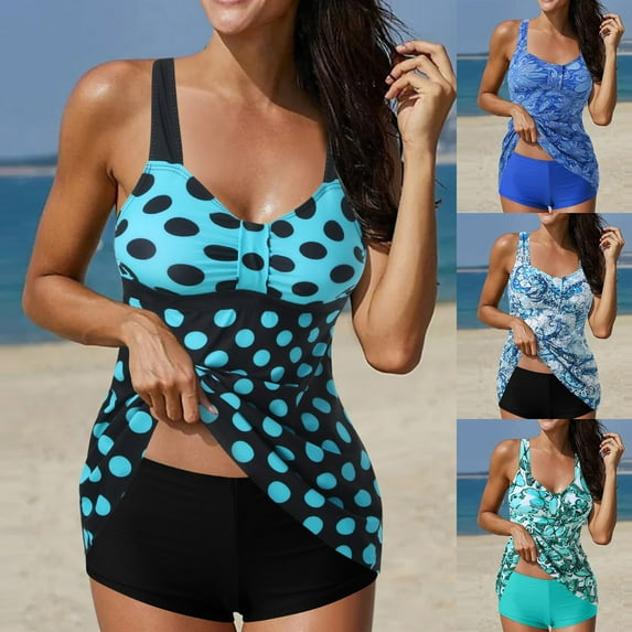 Jacenvly Tankini Swimsuits for Women Trendy Sleeveless Contrast Color V-Neck Surfing Swimwear Soft for Women Two Piece Suits Floral Print Tank Tops with Boyshorts Swimming Suits White