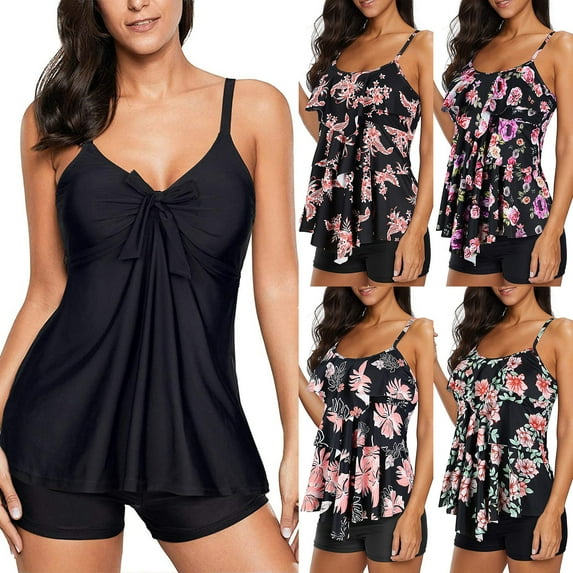 Jacenvly Tankini Swimsuits for Women Trendy Sleeveless Floral Round Neck Surfing Swimwear Quick Drying Summer Women'S Fashion Bow Tie Print Beach Style Swimsuit and Shorts Pink