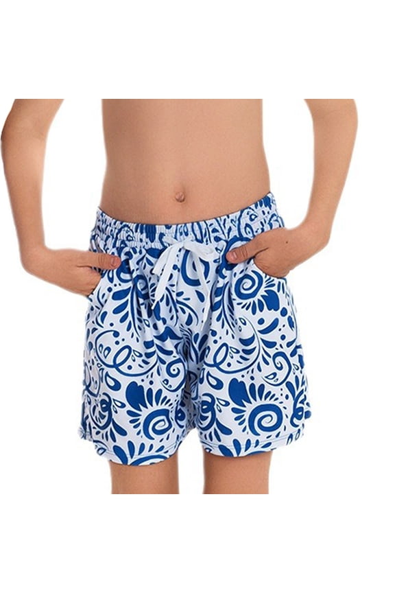 Toddler Boy Shorts Floral Loose Swimming Trunks Quick Drying Swim Trunks Parent-Child Large Size Swimming Trunks Pleated Waist Father and Son Boys' Beach Trunks 2Y-10Y Blue 10Y