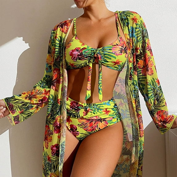 Jacenvly Clearance Two Piece Swimsuits for Women Female Long-Sleeved Cover-Up Split Three-Piece Printed Sports Swimsuit