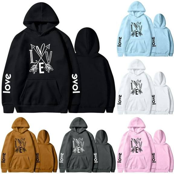 Jacenvly Valentine'S Day Shirts Long Sleeve Shirts Love Letter Print Hooded Casual Trendy Fashion Valentine'S Day Couple Hooded Fleece Pocket Sweater Coat Pink