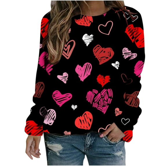 Jacenvly Valentine'S Day Shirts for Women Crew Neck T Shirt Loose Long Sleeve Shirt Lightweight Heart Printed Valentine'S Day Printed Blouse Casual Tunic Tops Multicolor