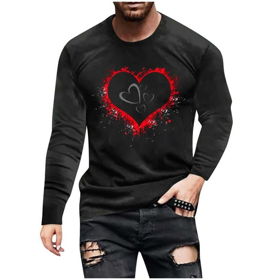Jacenvly Valentine Sweaters for Women Long Sleeve Shirts Heart Pattern Crewneck Loose Fashion Men Round Neck Pullover Printed T-Shirt Blouse Tops Black