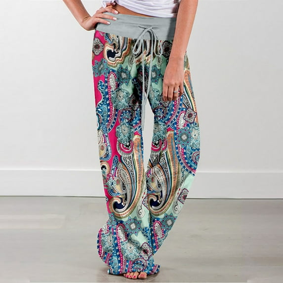 Jacenvly Wide Leg Pants for Women Elastic Waist Sport Trousers Ladies Spring/Summer High Waist Pants Printed Fashion Flower Print Waist Wide Leg Pants