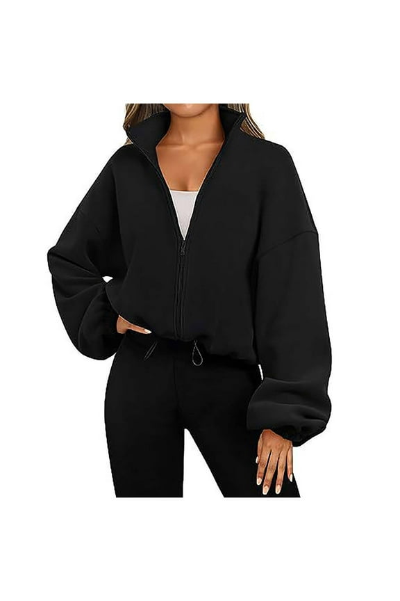 Winter Baseball Jacket Women Solid Stand-Up Collar Womens Coats Zip-Up Fleece Jacket Soft Comfortable Long Sleeve Cardigan Casual Fashion Street Tops