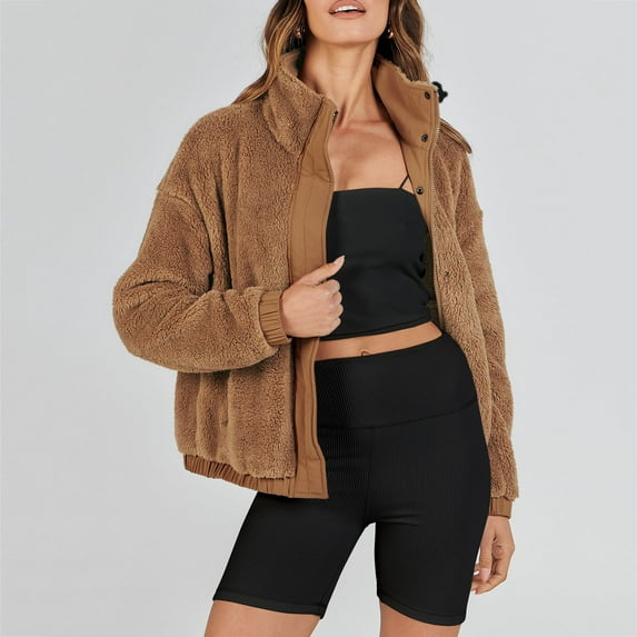 Jacenvly Winter Coats for Women Comfortable Warm Plush Jackets for Women Solid Stand-Up Collar Zipper Pocket Mid-Length Dresses for Women Loose Fashion Womens Long Sleeve Tops