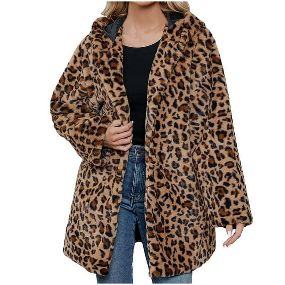 Jacenvly Winter Coats for Women Leopard Print Plush Jacket Soft Warm Long Sleeve Outerwear Hoodlies Pocket Jacket Leisure Trendy Knee-Length Tops