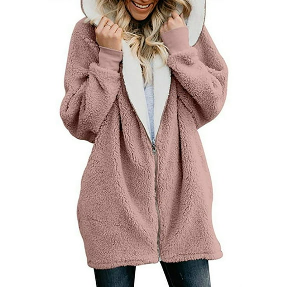 Jacenvly Winter Coats for Women Soft Comfortable Plush Jackets for Women Solid Hooded Zipper Pocket Mid-Length Dresses for Women Loose Casual Womens Long Sleeve Tops