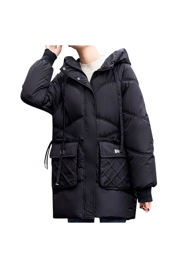 Winter Coats for Women Solid Quilted Jackets Thickening Warmth Long Sleeve Cardigan Drawstring Hoodlies Zip-Up Pocket Jacket Casual Fashion Knee-Length Blouse