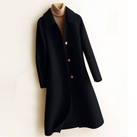 Jacenvly Winter Coats for Women Solid Trench Coat Thickening Warmth Long Sleeve Cardigan Lapels Button 1 Jacket Casual Fashion Below The Knee Blouse