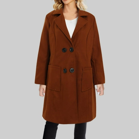 Jacenvly Winter Coats for Women Solid Trench Coat Thickening Warmth Long Sleeve Cardigan Lapels Button Pocket Jacket Casual Fashion Knee-Length Blouse