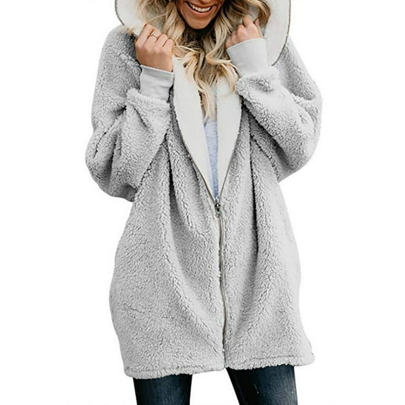 Jacenvly Winter Coats for Women Thicken Warmth Fleece Jackets for Women Solid Hooded Zipper Pocket Mid-Length Dresses for Women Loose Fashion Womens Long Sleeve Tops