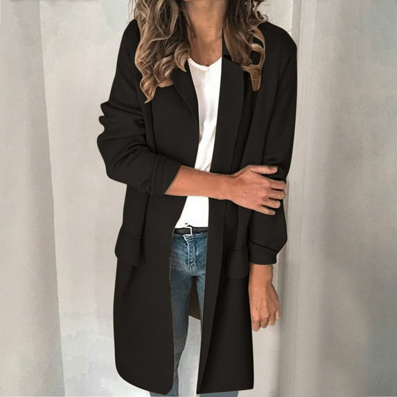 Jacenvly Winter Coats for Women Solid Blazer Jacket Soft Warm Long Sleeve Outerwear Lapels Pocket Jacket Leisure Trendy Long Tops