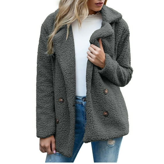 Jacenvly Winter Jackets for Women Clearance Comfortable Warm Fleece Womens Coats Solid Lapels Button Pocket Mid-Length Dresses for Women Loose Fashion Womens Long Sleeve Tops