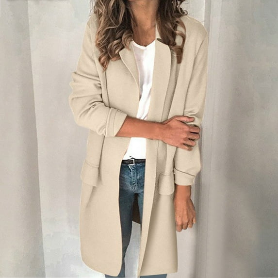 Jacenvly Winter Jackets Women Solid Blazer Jacket Soft Comfortable Long Sleeve Cardigan Lapels Pocket Overcoat Loose Casual Knee-Length Blouse