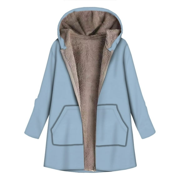 Jacenvly Winter Jackets Women Solid Fleece Jacket Comfortable Warm Long Sleeve Outerwear Hoodlies Zip-Up Pocket Jacket New Style Knee-Length Tops
