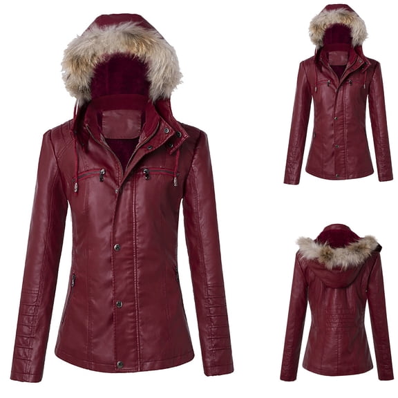 Jacenvly Winter Jackets Women Solid Leather Jacket Comfortable Warm Long Sleeve Outerwear Hoodlies Zip-Up Pocket Jacket New Style Long Tops