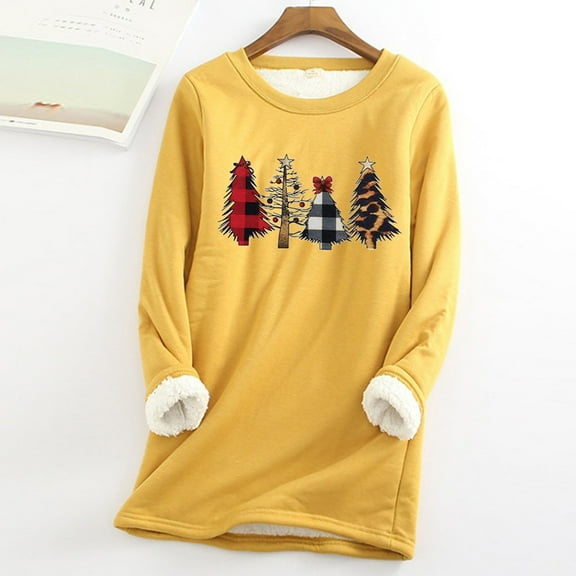 Jacenvly Winter Women's Casual Plush-lined Thermal Christmas Print Thickened Tops Crew Neck Long Sleeve Sweatshirt